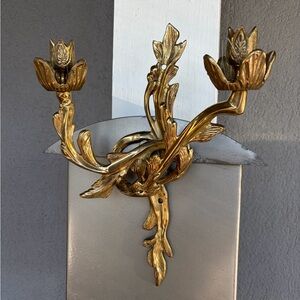 Vintage Solid Brass Floral Wall Sconce Taper Candle Holder Verdigris Goth 14in